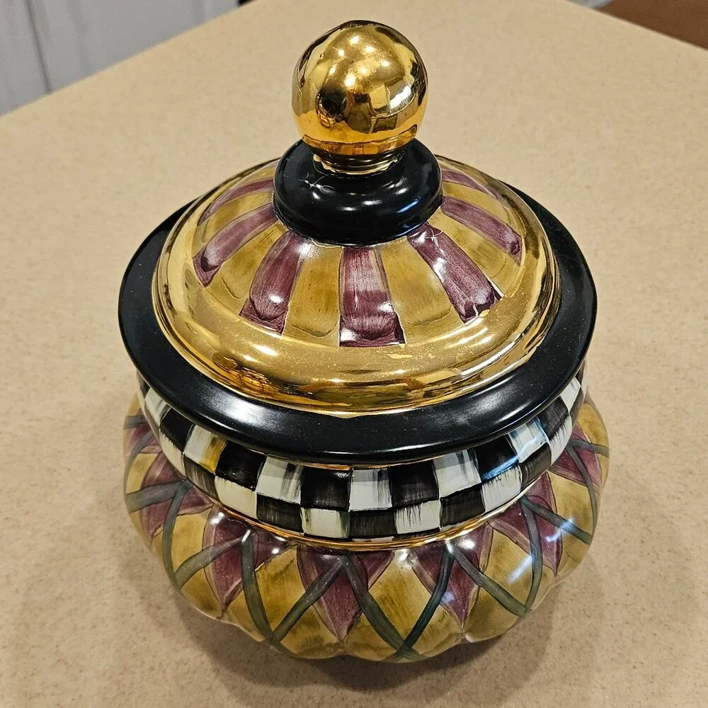 RARE MACKENZIE CHILDS ARGYLE PLAID AURORA CERAMIC GROOVY CANISTER JAR DISH